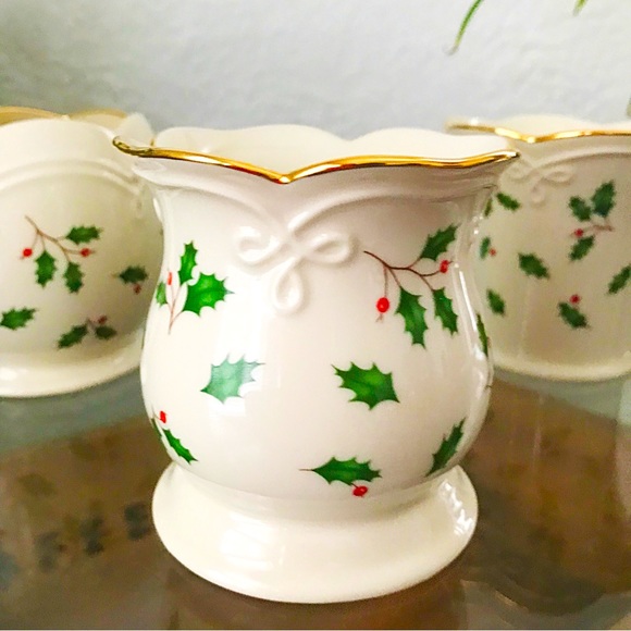 Lenox Porcelain Gold Trim Set of 3 Holiday Christmas Votives, Holly and Berries - Picture 3 of 8